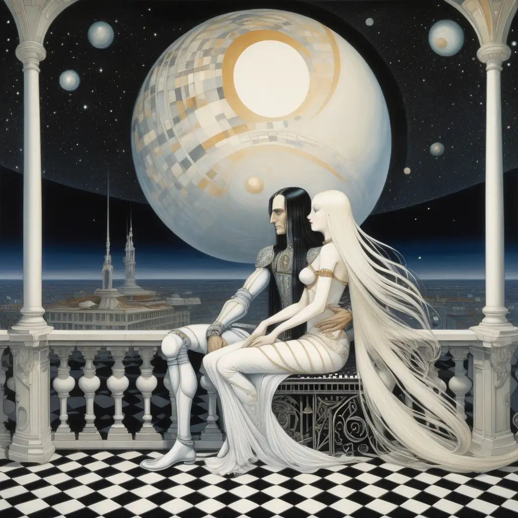 futuristic painting in kay nielsen style of a man with long hair, and a beautiful woman sitting on a balcony with checkered floor tiles. Jupiter is in the sky
