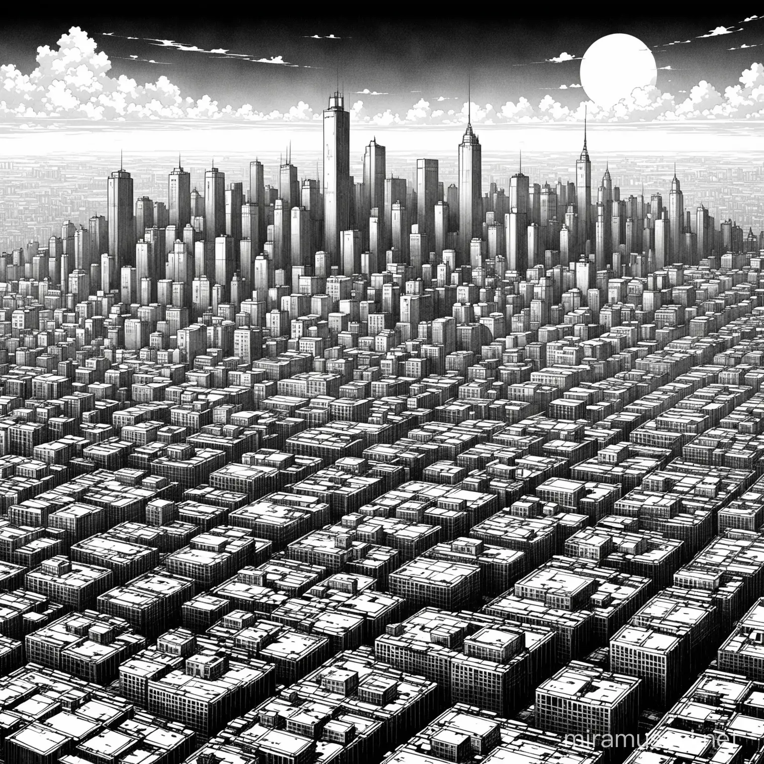A black and white illustration of a sterile city skyline. Buildings are identical and lack any color or architectural variety.