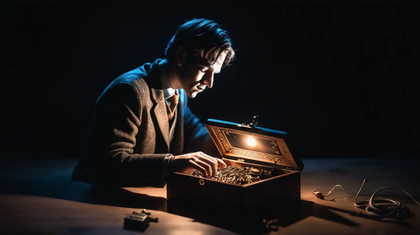 lying man in complete darkness pressing the little keys on the music box