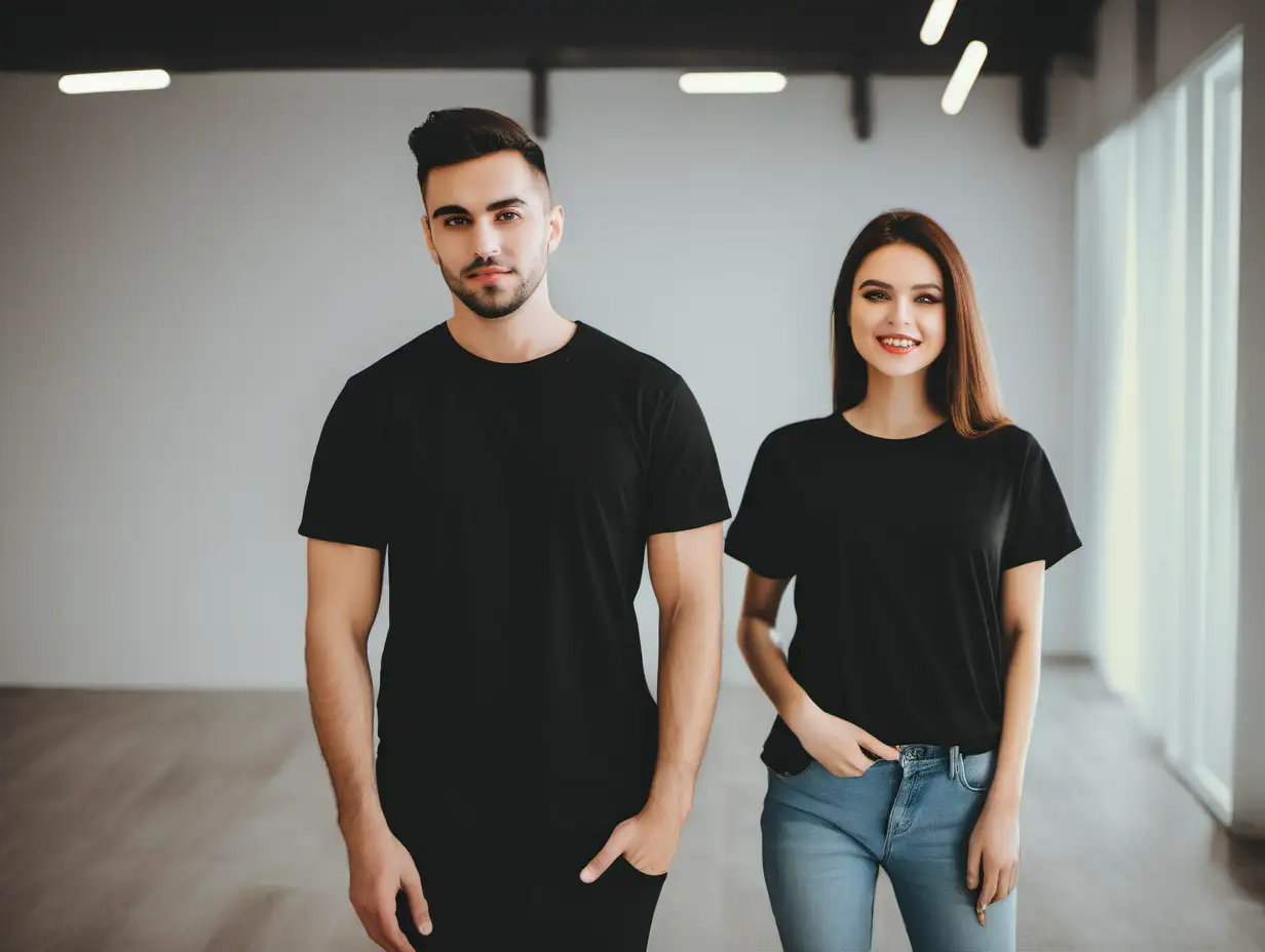 Couple wearing black t-shirt, background indoor