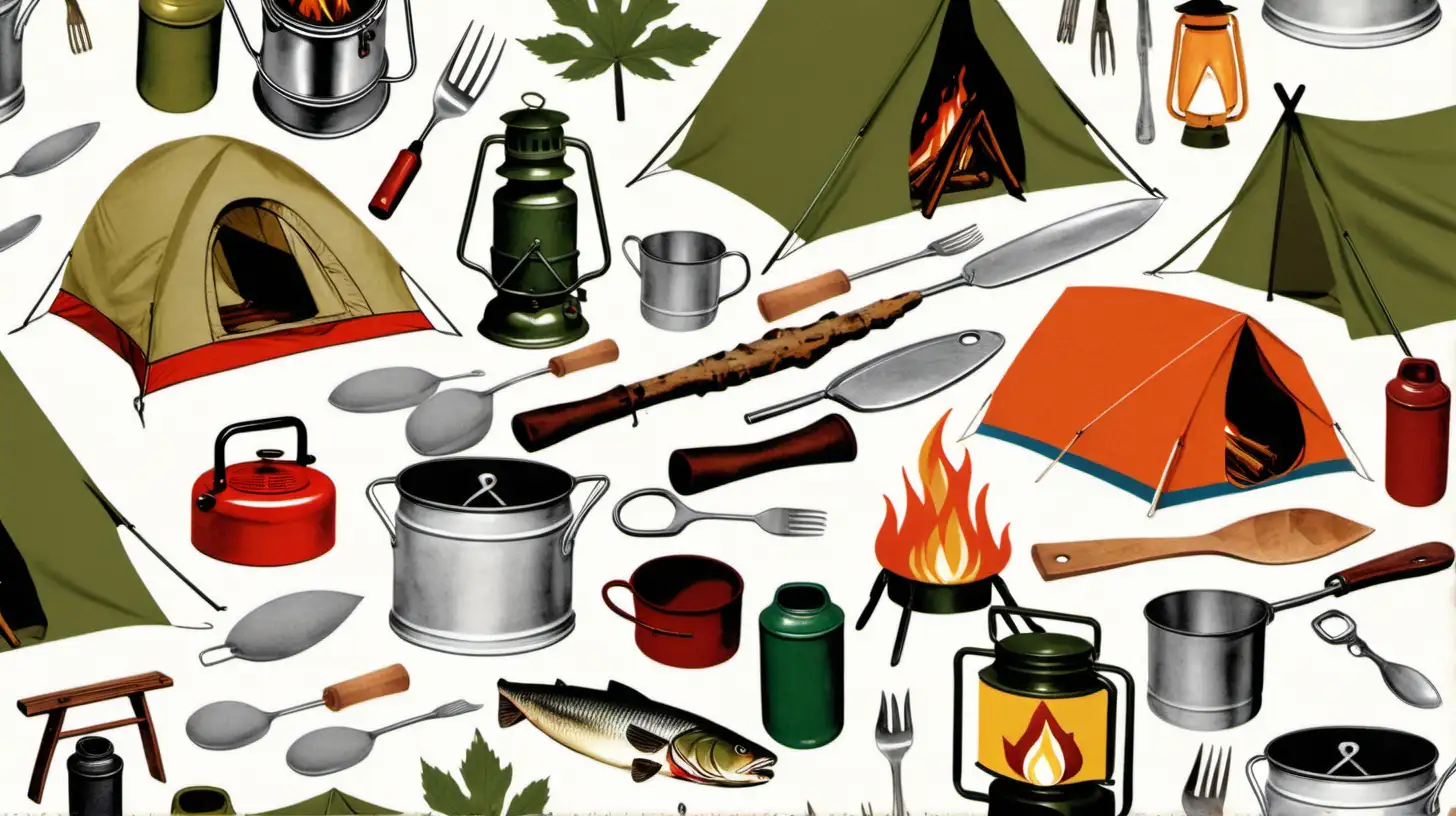 give me a seamless pattern with a bright white background of camping items from the 1960's including tents, flashlight , fire pit, camp stove, lantern, spoon, fork, knife, canoe, paddle, fish, leaves, trees, vintage style, antiqued look cozy warm feeling, realistic feel, 1960's magazine ad