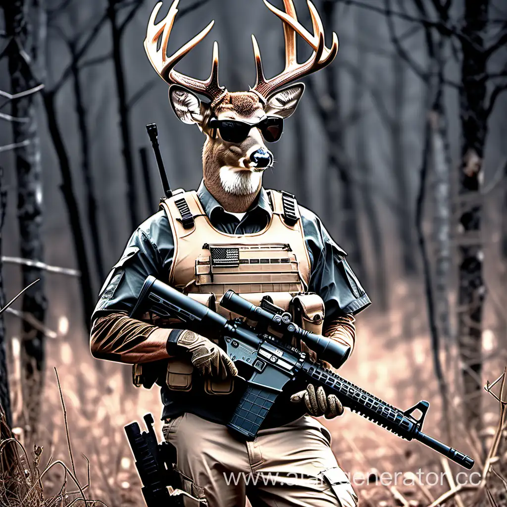 Whitetail deer holding an ar15 and wearing a bullet proof vest and sunglasses and tactical gear 