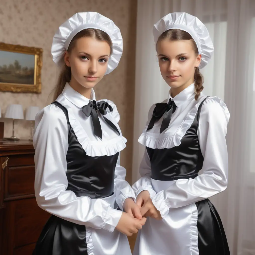 evropean Girl in satin long maid uniforms