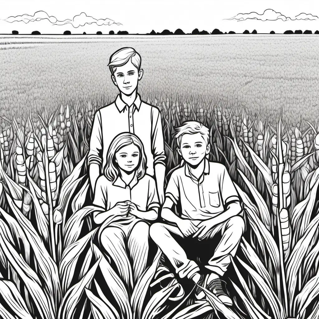 simple black and white drawing of a cornfield with a teen boy and an older teen girl all in white and sitting down and hiding in a corn field, all dressed in white for coloring 