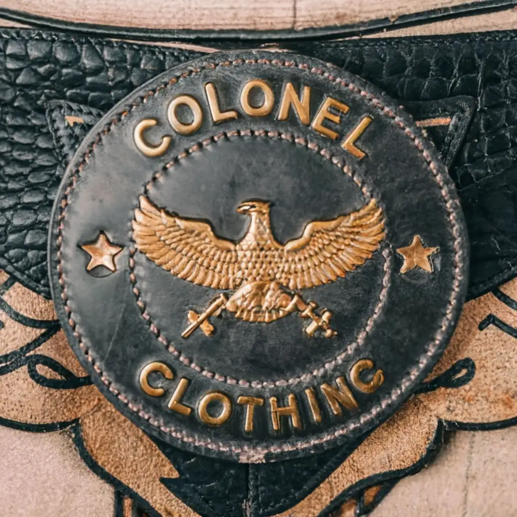 logo, logo, colonel military rank on leather patch, with the text "COLONEL CLOTHING", typography, more like this, correct COLONEL CLOTHING