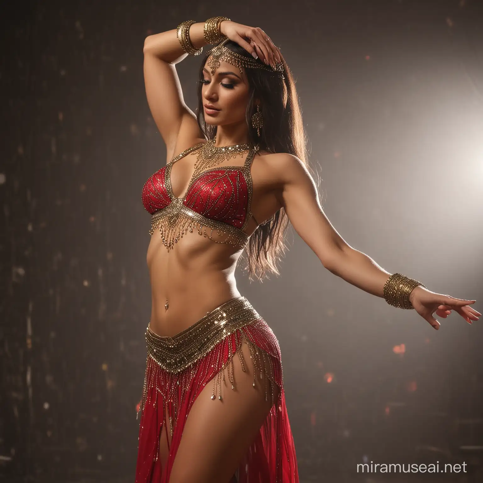 A sexy seductive belly dancer back pose with masterful control over her movements, perfect finger shape her toned pecs glistening in the stage lights as she brings the audience to their feet.