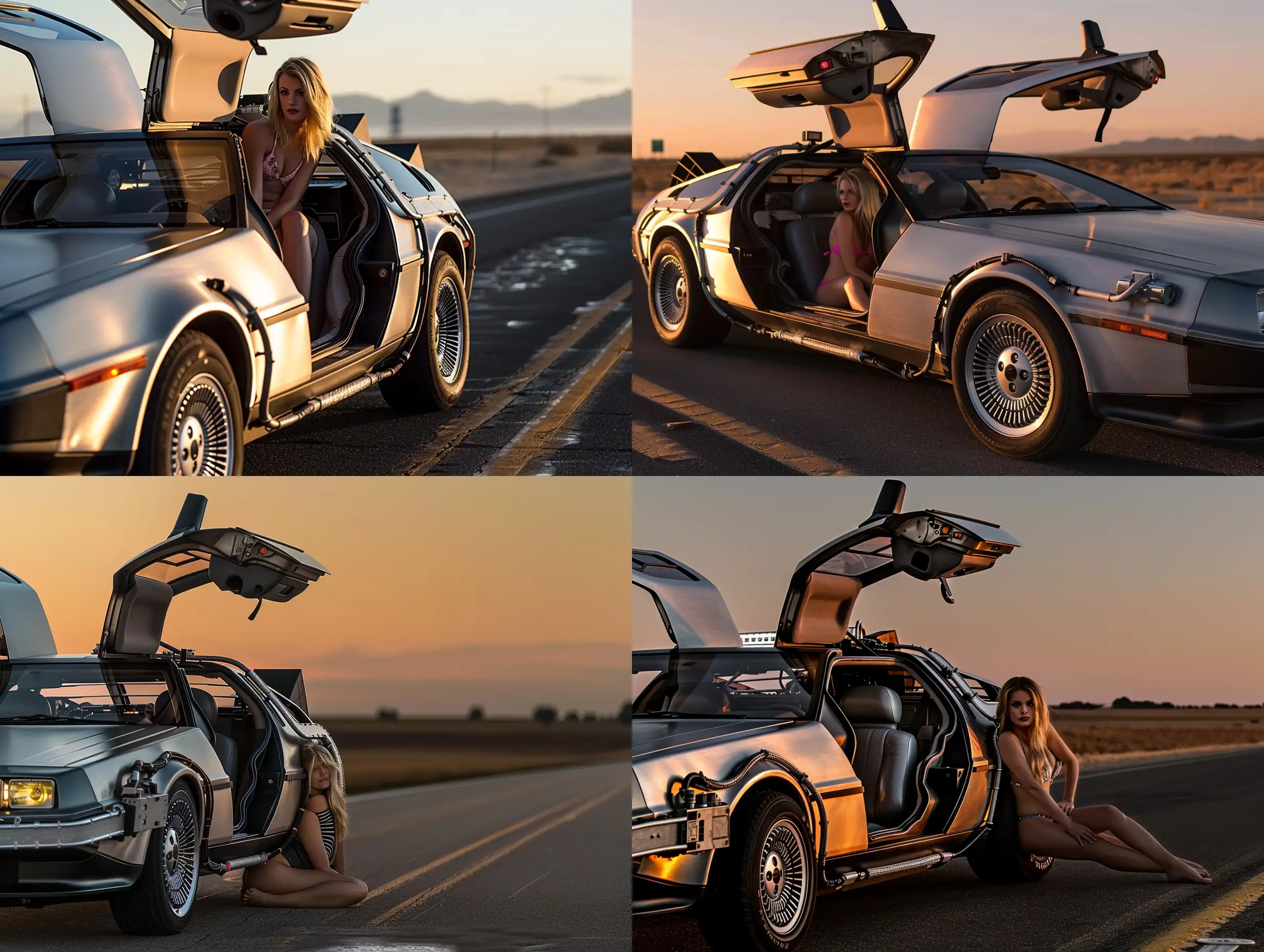 Close-up Side view of Back to the Future delorean on deserted road with door open and blonde in bikini sitting in front seat looking at camera, dawn, stunning photography