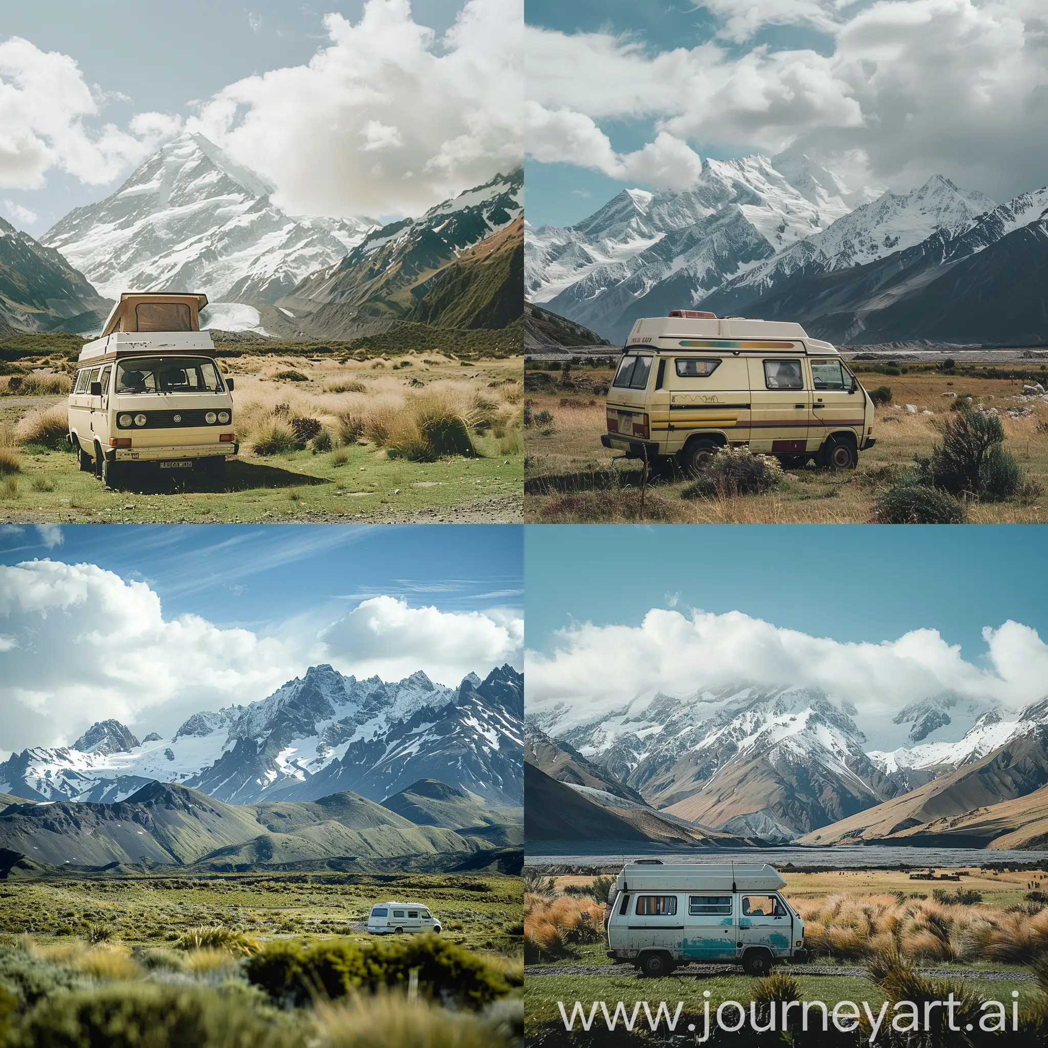 Camper-Van-in-Grassland-with-SnowCapped-Mountains