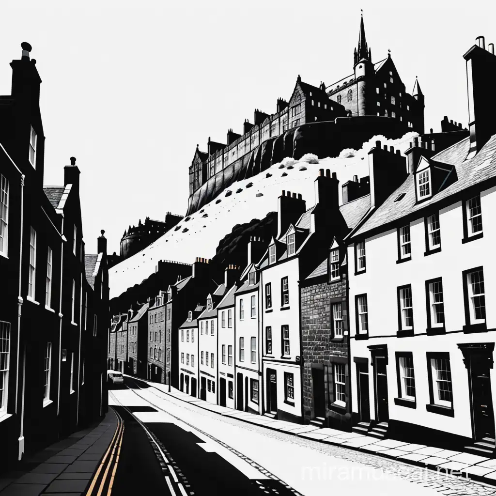 black and white line art illustration of edinburgh old town, high contrast