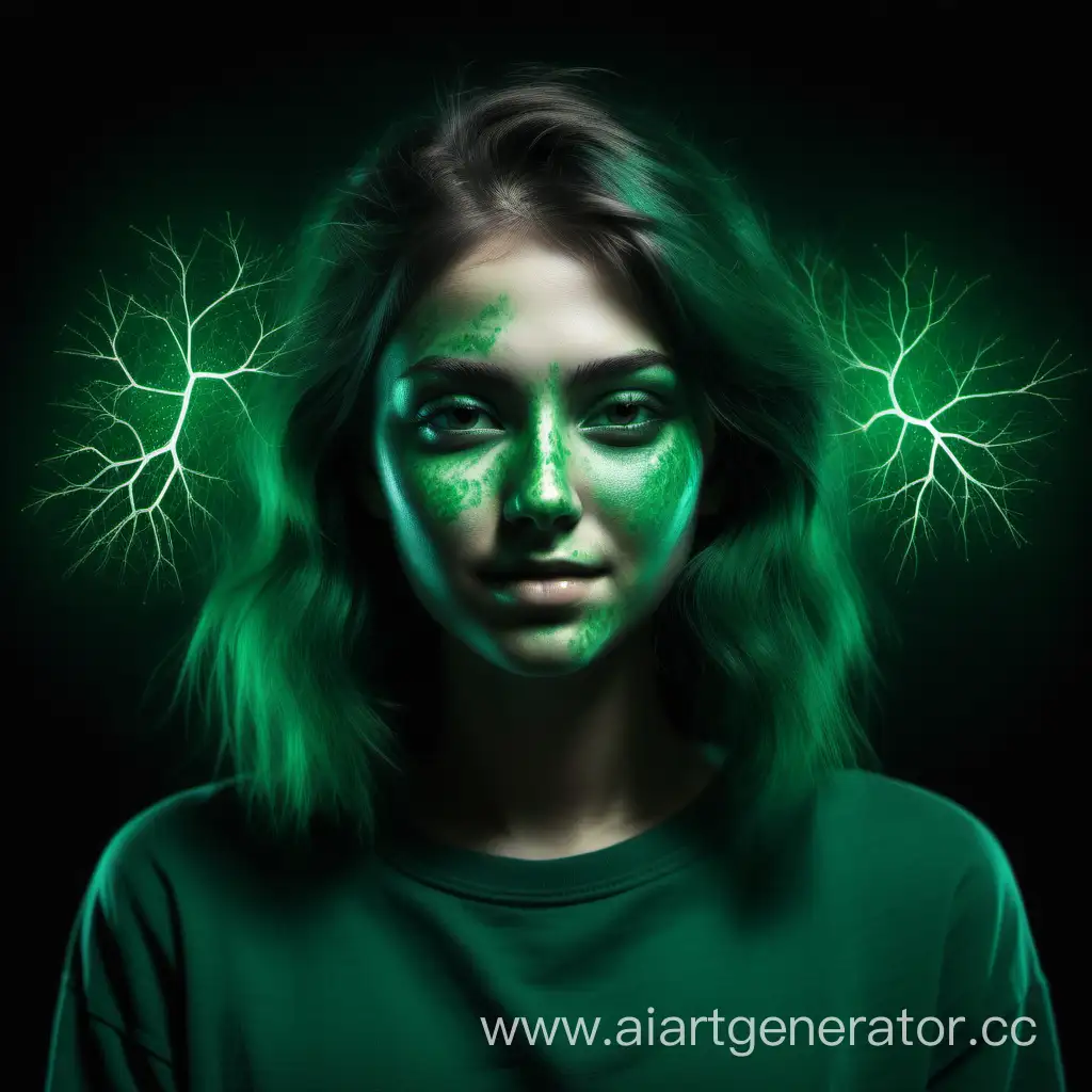 девушка изображающая высокий дофамин в темно зеленых цветах