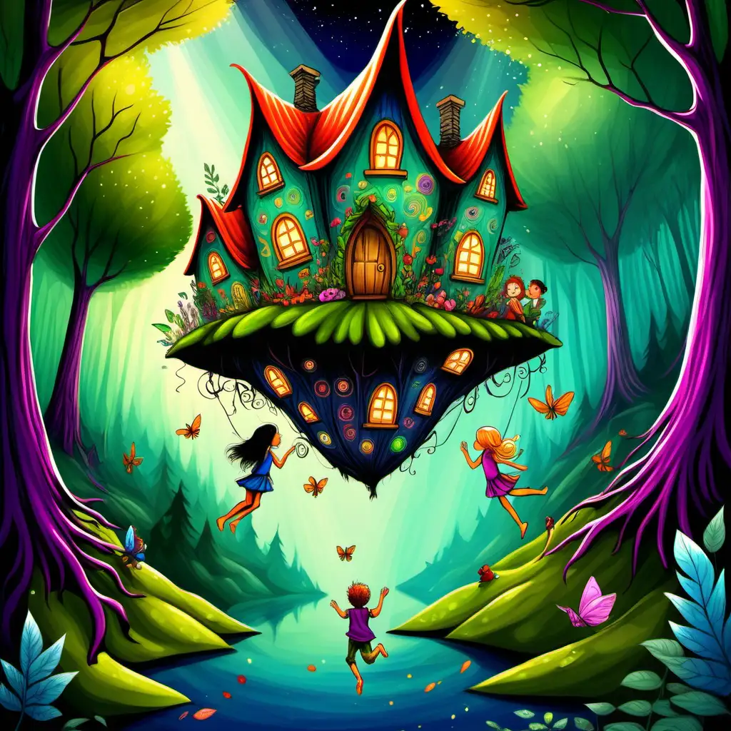 kids illustration, faerie house, girl and boy faerie floating above with forest friends below, vivid color
