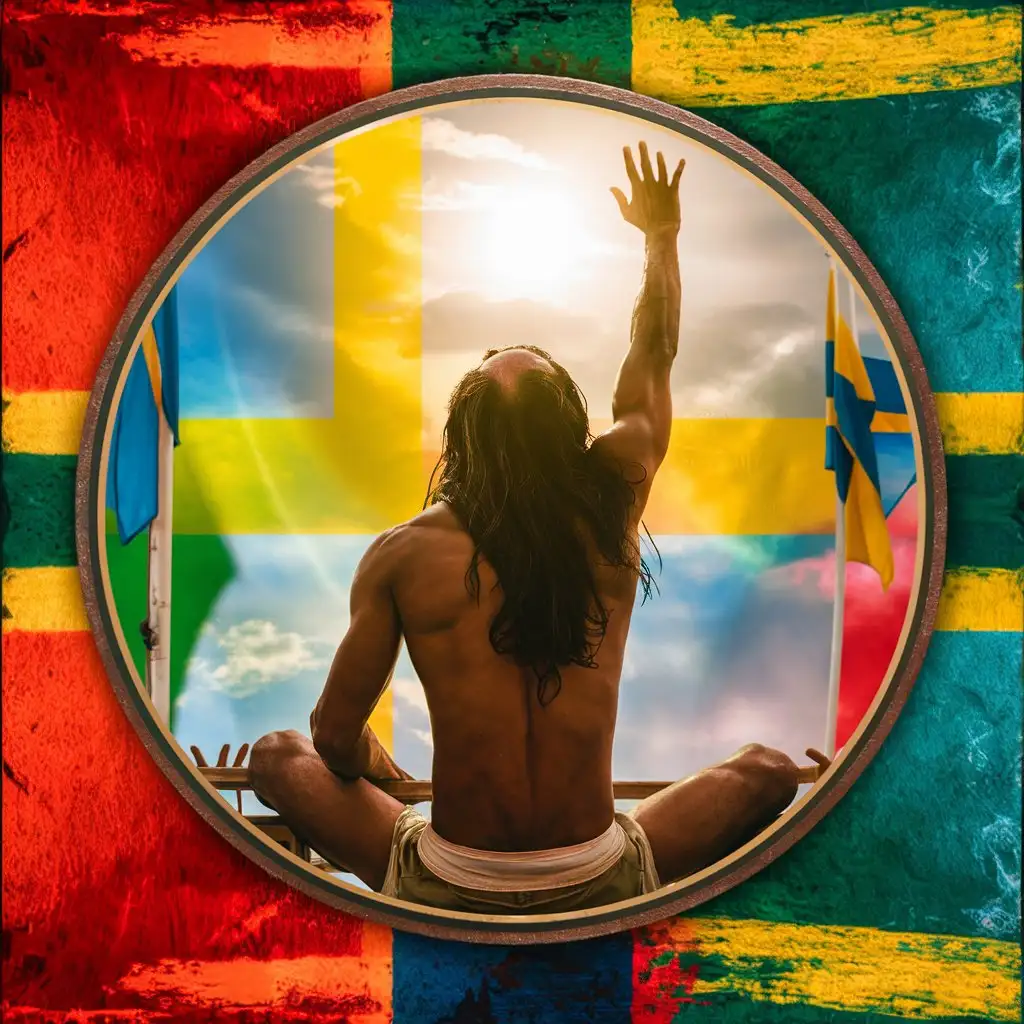 LongHaired Man Reaching for the Sun Reggae Vibes with Scanian Flag Border