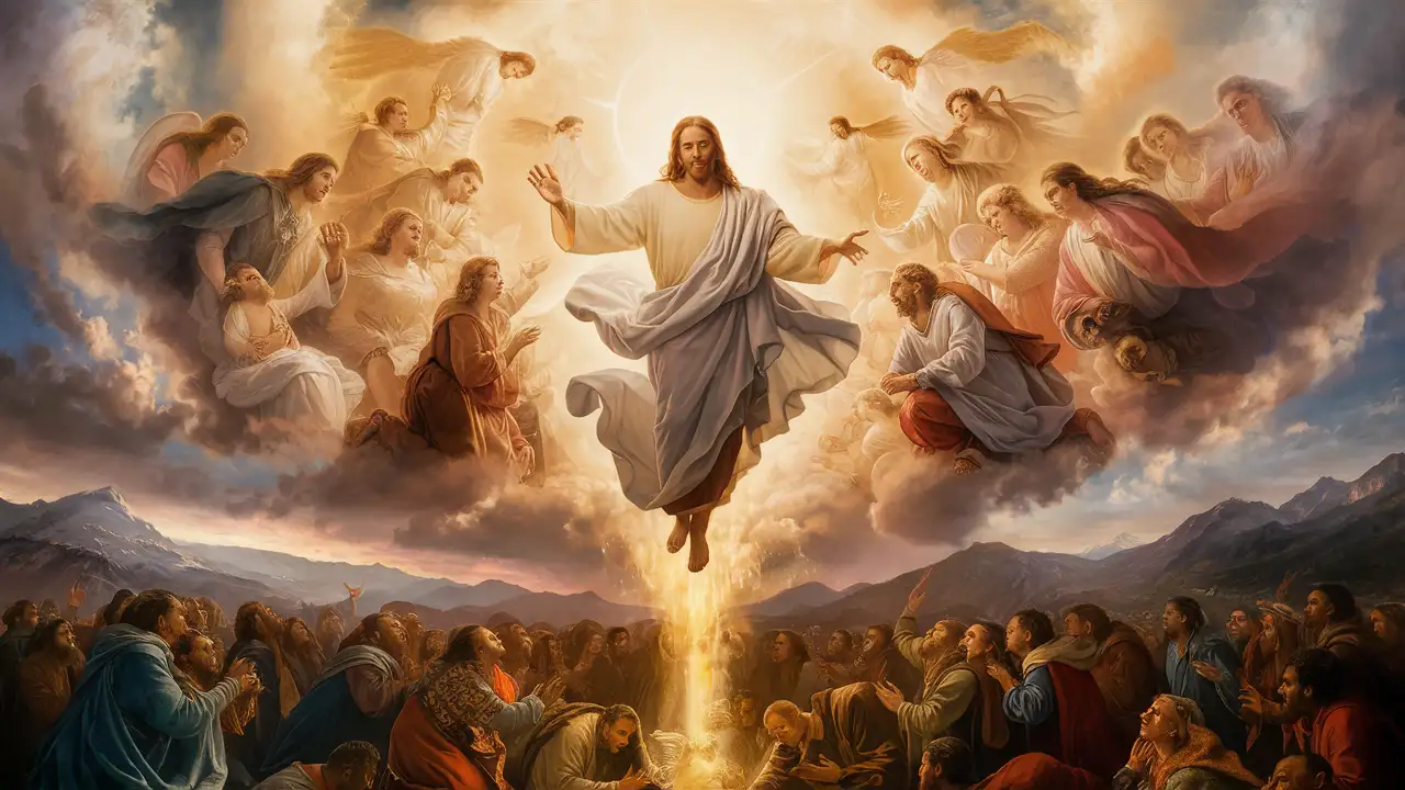 Create a majestic image of Jesus Christ descending from the heavens in a blaze of divine glory, surrounded by a host of angels and celestial beings, as believers look on in awe and reverence.