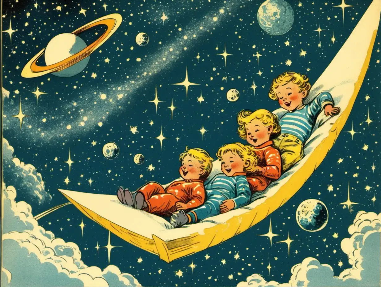 Vintage illustration for children’s book of a bed floating through space with 2 children sleeping