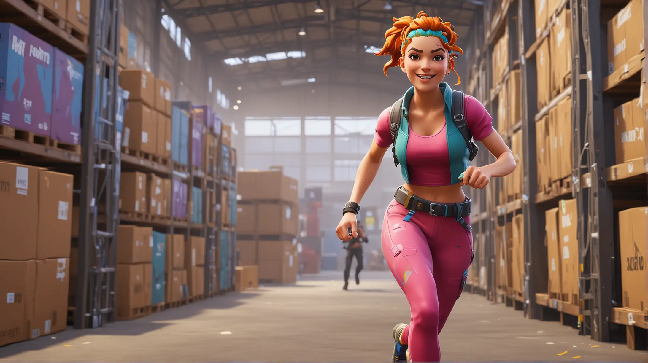 There is a colorful cool female Fortnite character,
the location is inside a colorful warehouse,
He is smiling and running fast,
Caucasian