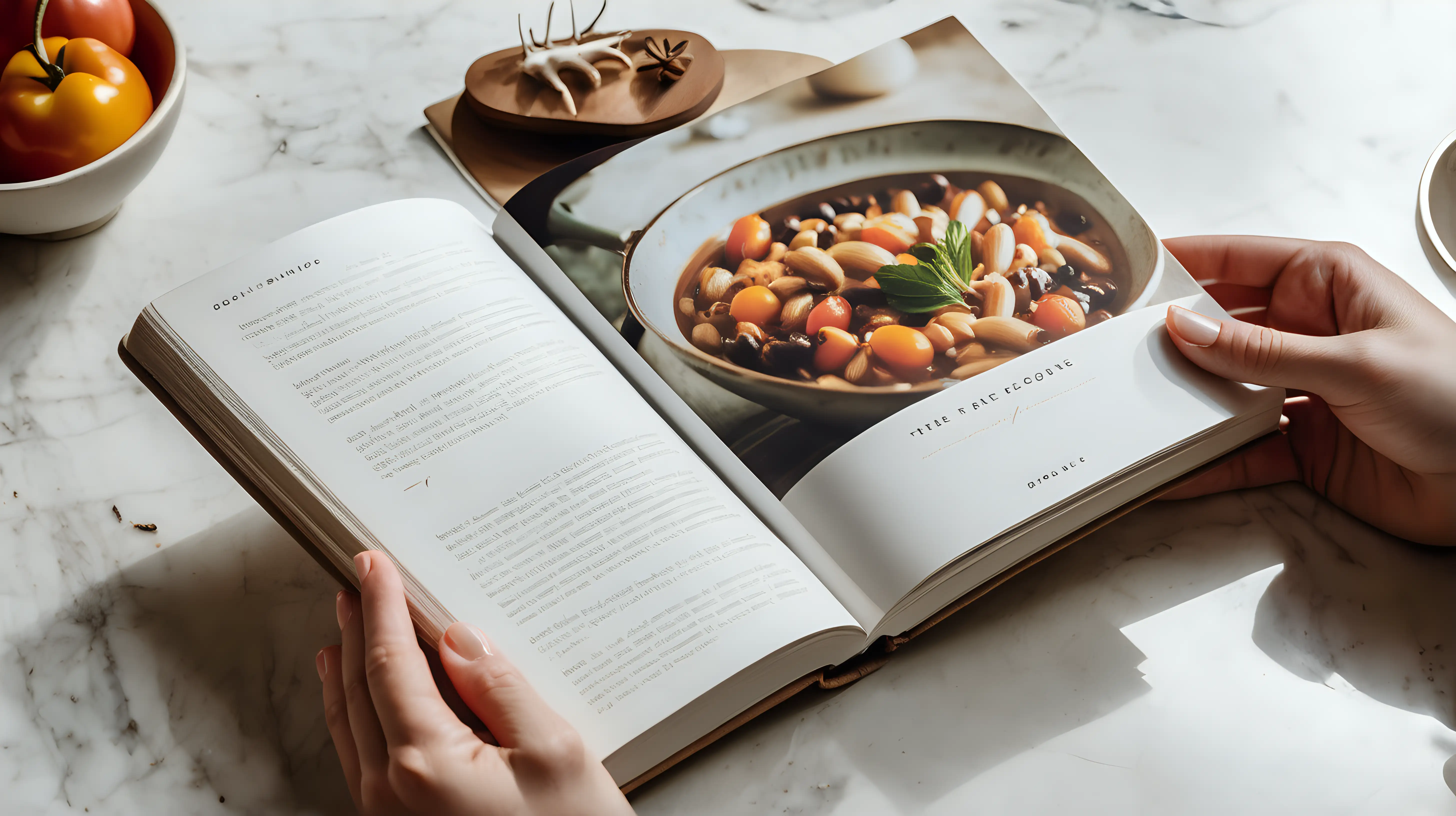 A person's hands holding a cookbook, with glimpses of delicious recipes and culinary inspiration.