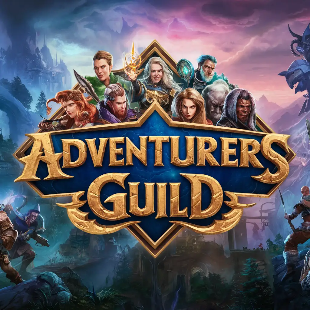 STYLIZED FANTASY WORLD VIDEO GAME LOGO COVER ART WITH THE LETTERS "ADVENTURERS GUILD" ACROSS GAME COVER ART, A RANK ADVENTURERS HERO PARTY WARRIOR MAGE ROGUE DRUID paladin WARLOCK RANGER, gnome human dwarf elf