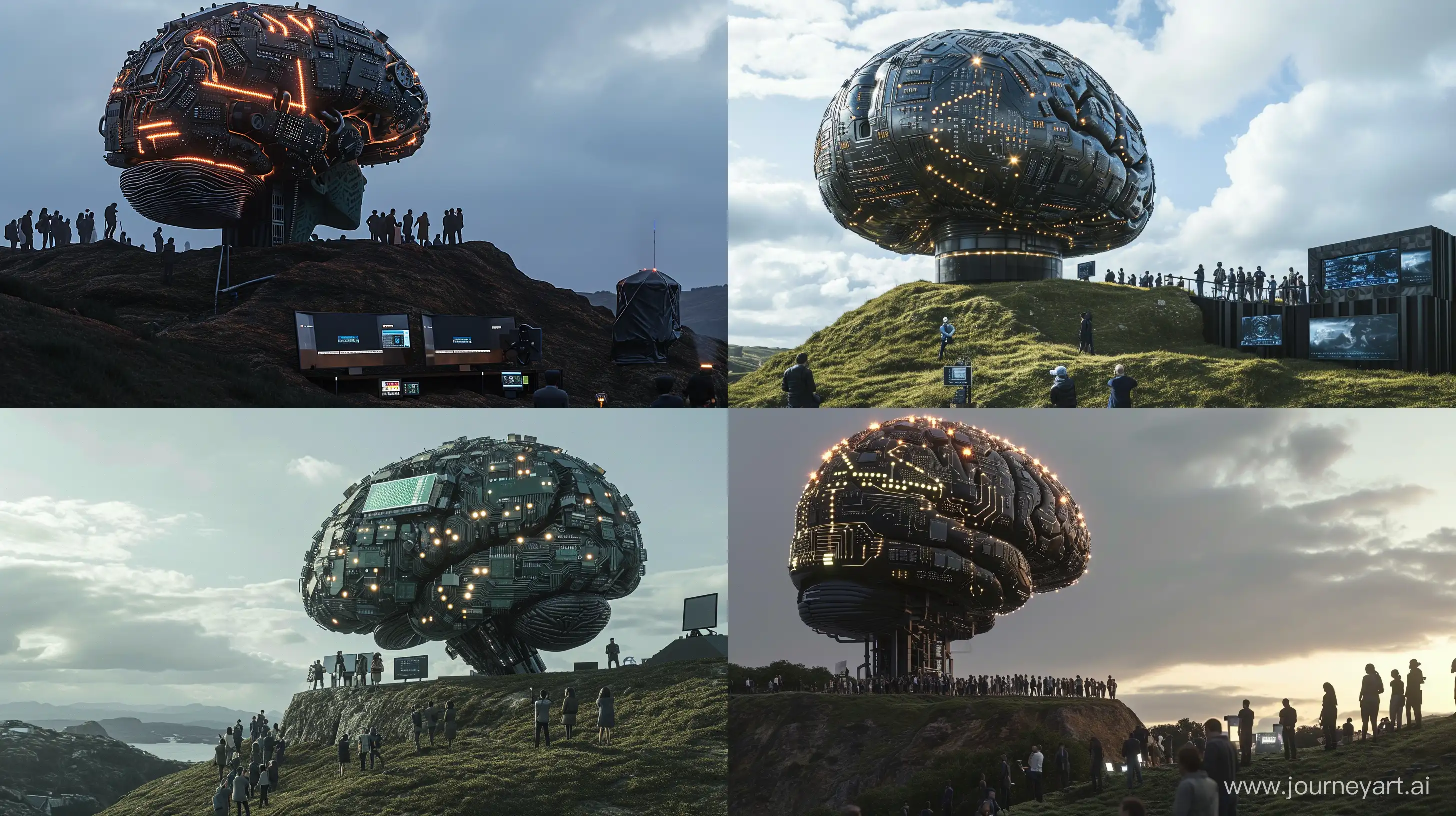 Futuristic-AI-Gathering-Giant-Electronic-Brain-Attracts-Crowds-on-Hilltop