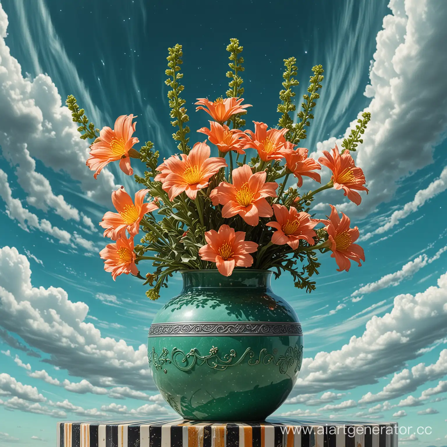 межгалактические живые цветы в вазе из нефрита на фоне полосатого электронного неба