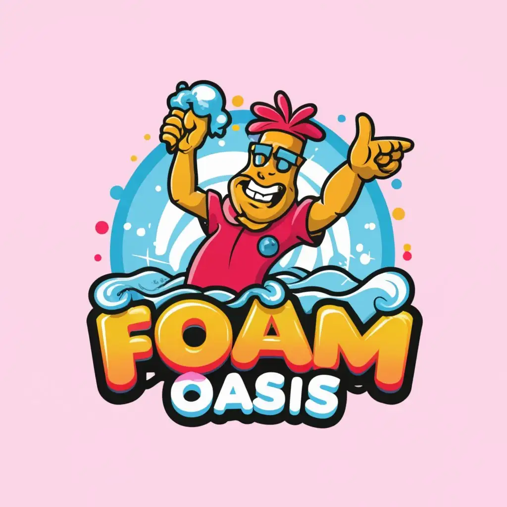 a logo design,with the text "foam oasis", main symbol:foam island cartoon guy shooting 
 foam at a party,Moderate,be used in Entertainment industry,clear background