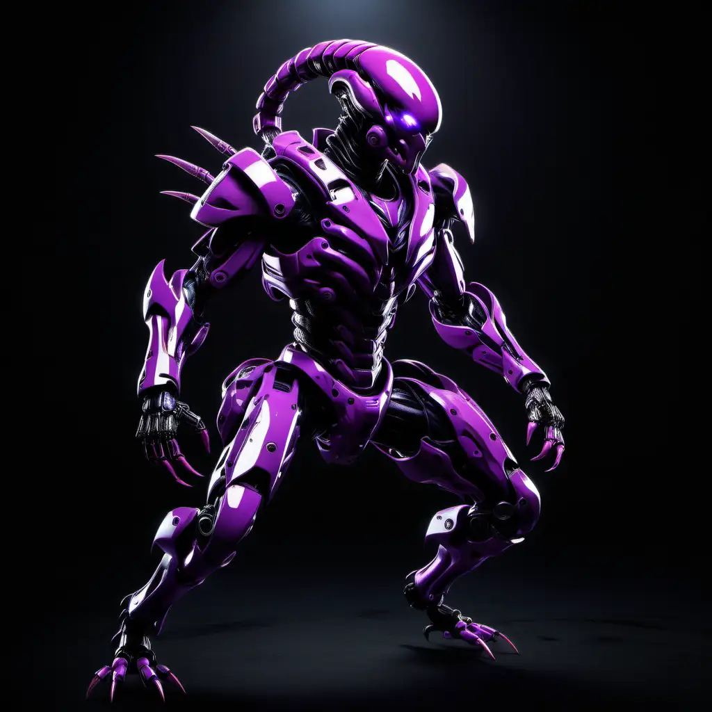 Full body image of a person wearing  a high tech, advanced military suit that resembles a scorpion. the suit is purple and has three pointed robotic legs on each side of his body  with a pair of pincers, he has abs, .he is posed on his stomach showcasing his scorpion like abilities.  No weapon in hands. Dark background in image.