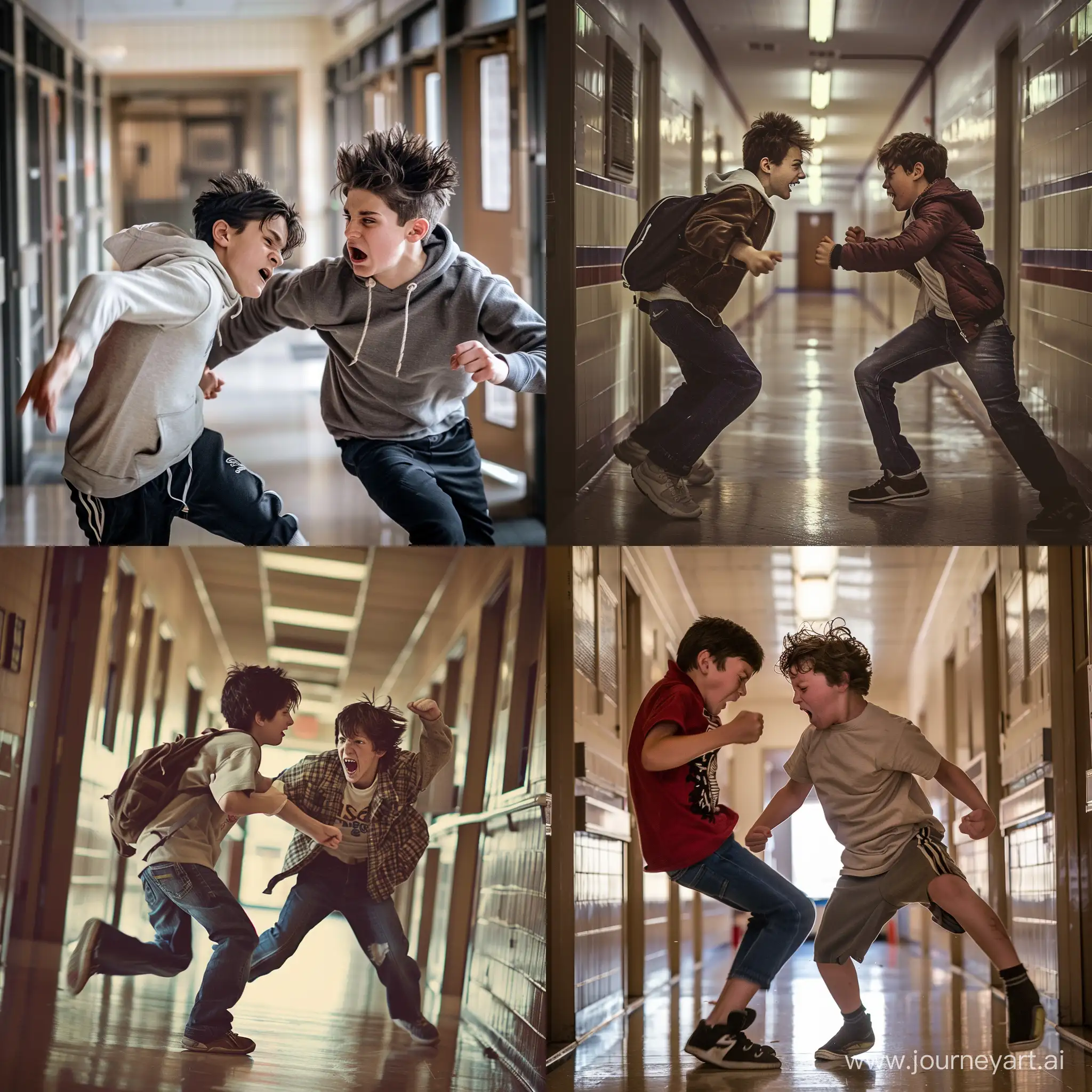 an epic photo of two boys fighting on the hallway in the school