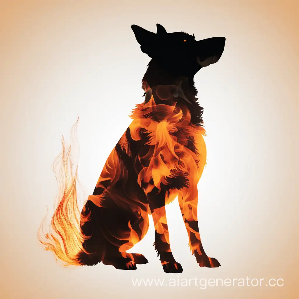 Silhouette of a Nordic dog filled with a fire , double exposure, crisp lines, colour background