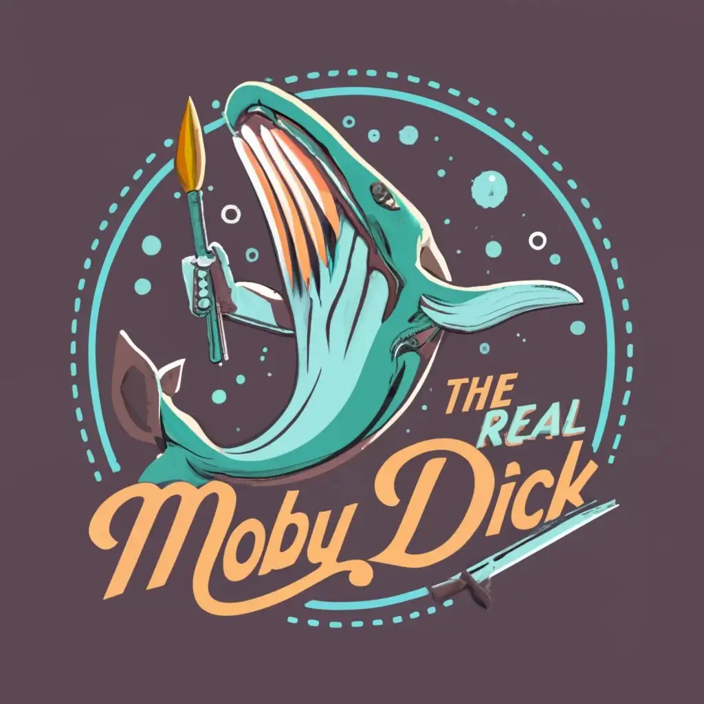 Scary evil dark logo, realistic angry Sperm Whale with sharp teeth and a spear gun, with the text "THE REAL MOBY DICK", typography