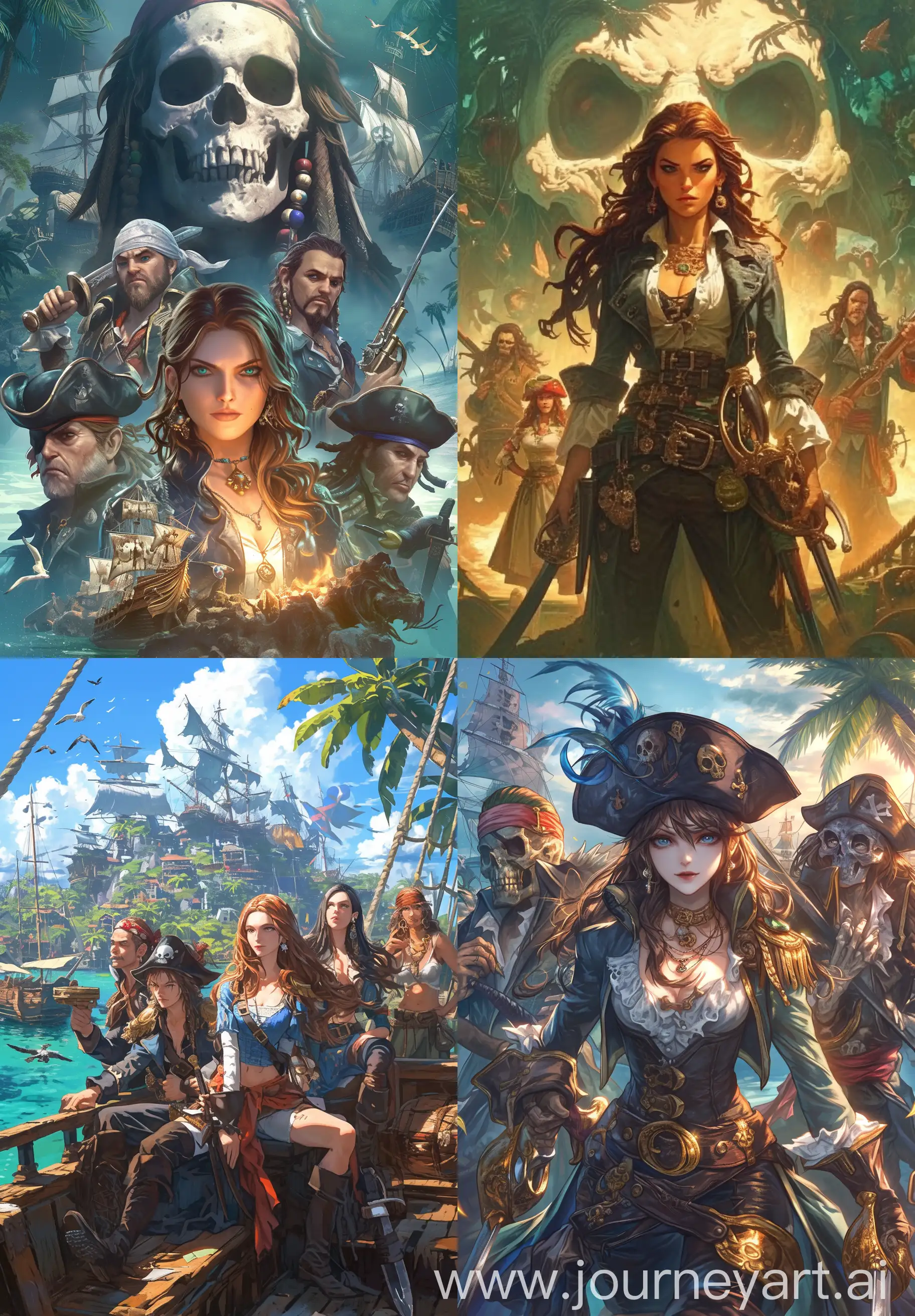 The journey of a pirate gang led by a beautiful and brave female captain to the mysterious Skull Island in search of treasure, intricate details, book cover style, style raw --ar 9:13 --niji 6 --s 250
