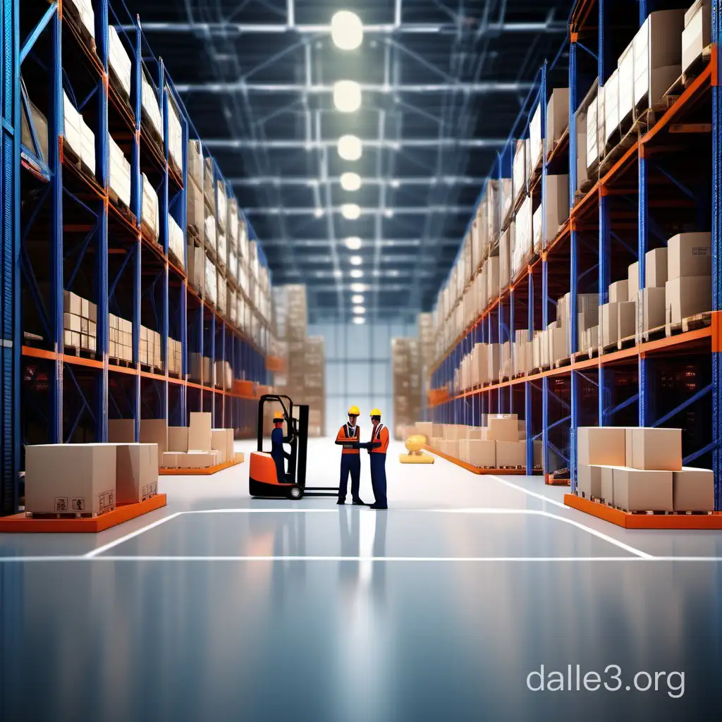 A three-dimensional vertical warehouse is generated, with workers holding PDAs, forklifts, and computers, and the background is a blurred sense of technology