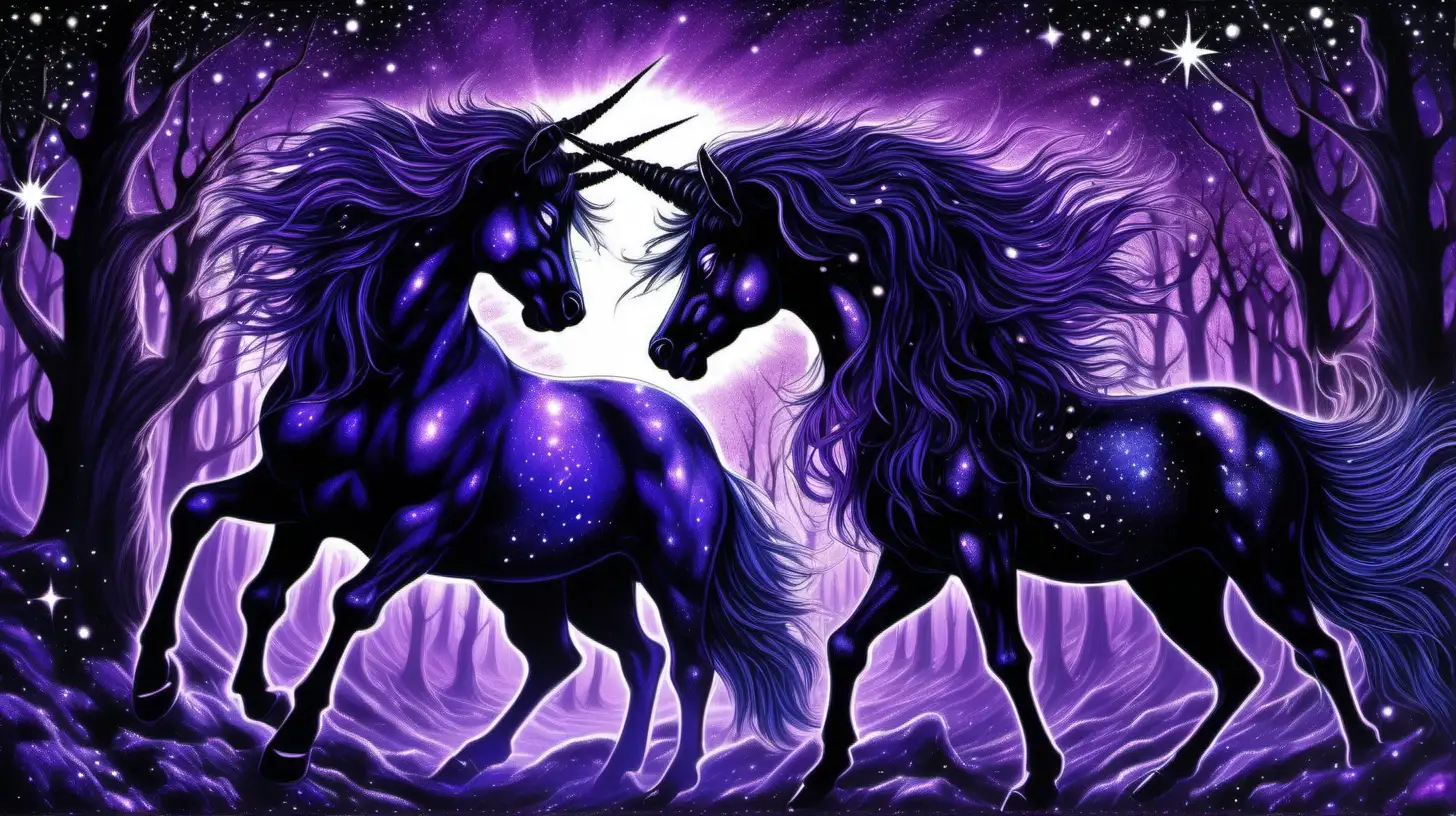 two beautiful black unicorns with horns glowing brightly and their coats and manes shining with stars and the universe, one male and one female, glowing horns, similar to Sue Dawe artwork in a shadow laden dark gothic magical realm magical forest with various shades of purple, blue and black desolate landscape. they are fighting and they have an intense hatred for each other. as they fight, they create an explosion, similar to the big bang