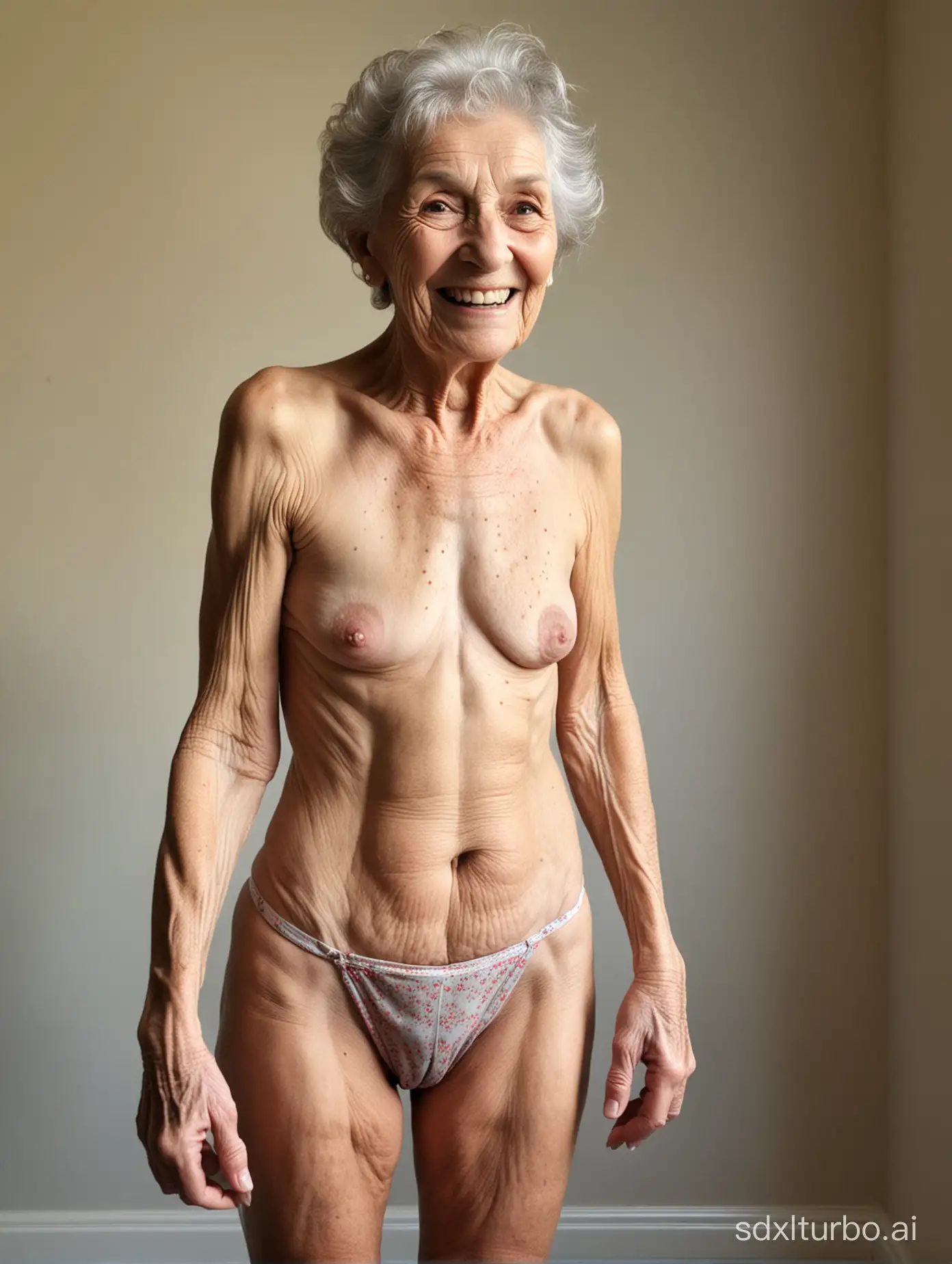 Grinning, 100 year old anorexic elderly grandma stands with her arse exposed.