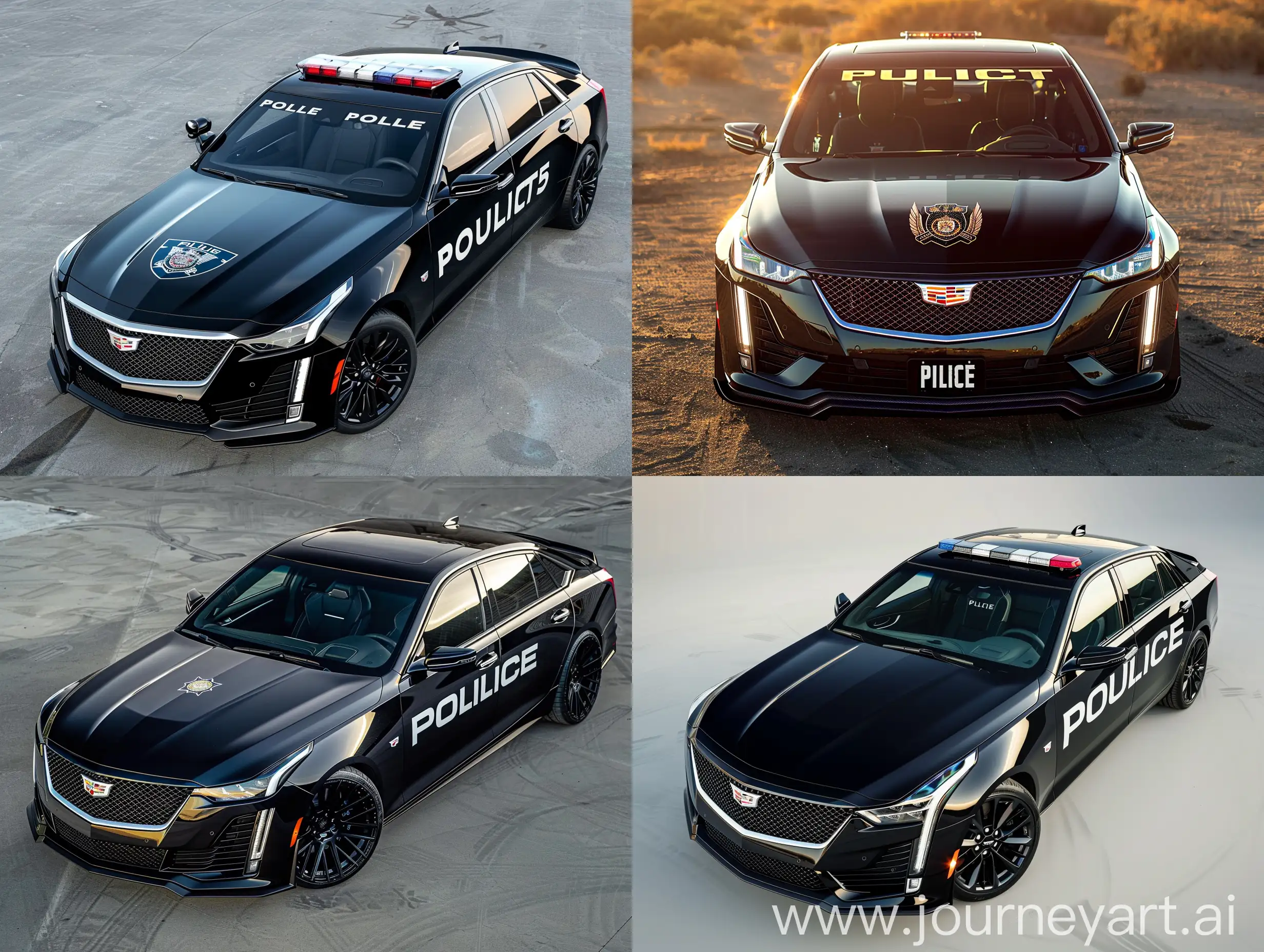 imagine a Cadillac CT5 skin of an investigative police with fine and elegant features, minimalist and modern, it should contain the police coat of arms on the hood and police written on the sides, show the entire car