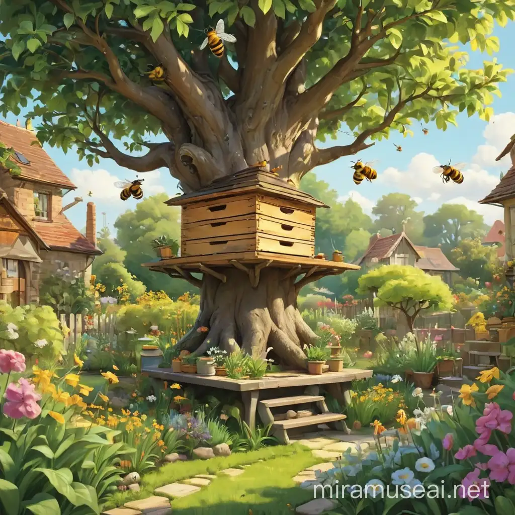 Enchanting Garden Scene with a Beehive and Tree in Illustration Book Style