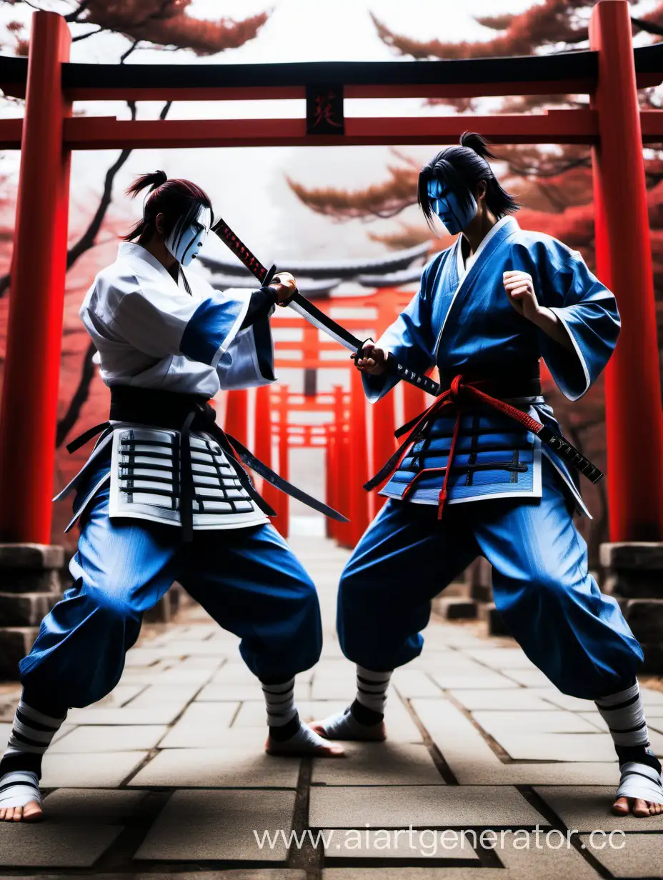 два современных человека в синем и белом уваги, с черными поясами стоят в боевых стойках, на втором плане, в таких же стойках, полупрозрачные фигуры призраков двух средневековых самураев в доспехах о-ёрои. На фоне ворота красные ворота Тории с иероглифами дзю дзюцу