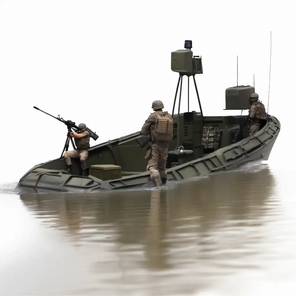 realistic river scene with forest near the banks  with special operations soldiers on the boat