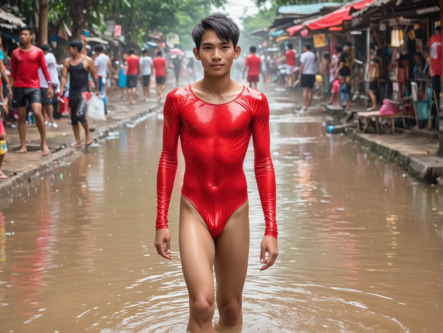 very thin pretty 16 year old Thai boy in skin-tight long-sleeved red leotard walking in Songkran
