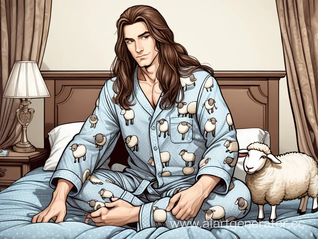 Красивый и элегантный и милый мужчина с очень длинными коричневвми волосами на голове в пижаме с принтом маленьких овечек сидит на кровати. В стиле комикса