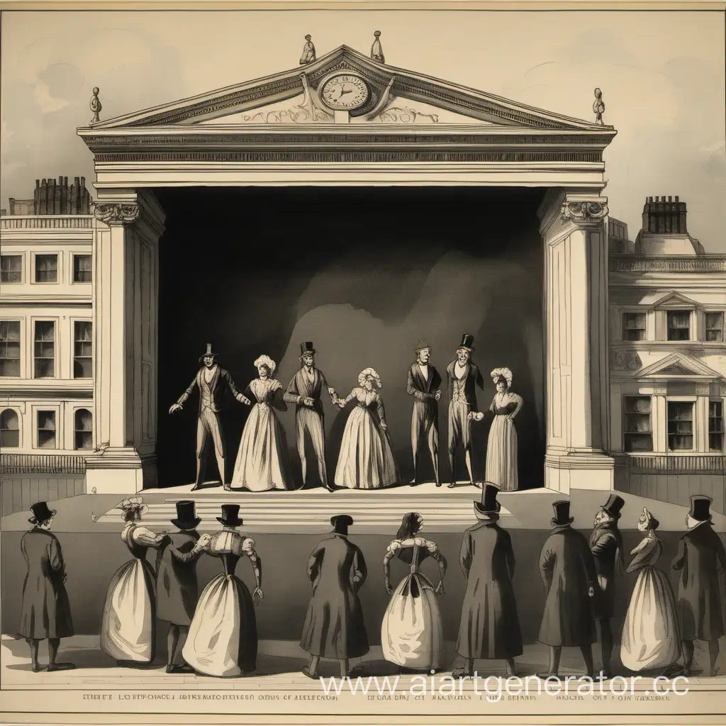 уличная театральная сцена на фоне Лондона, на сцене стоят 6 мужчин и 3 девушки. У сцены стоят 1 мужчина и 1 женщина