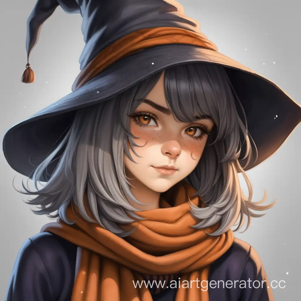 Красивая ведьмочка подросток в ведьминской шляпе  в шарфе который прикрывает нос
С каре и растрепанными волосами серо-коричневого цвета
