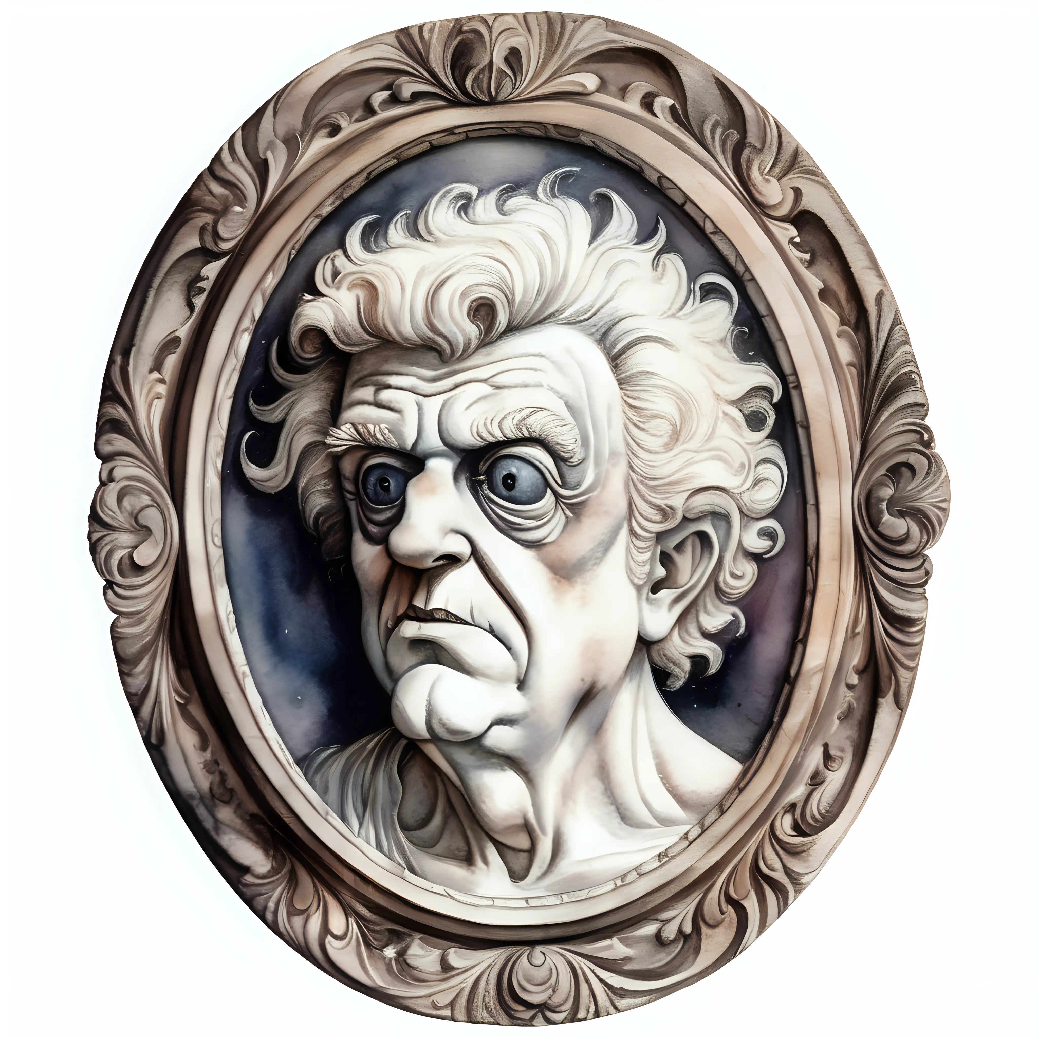 a cameo carved in the likeness of a hideous person, dark watercolor drawing, no background