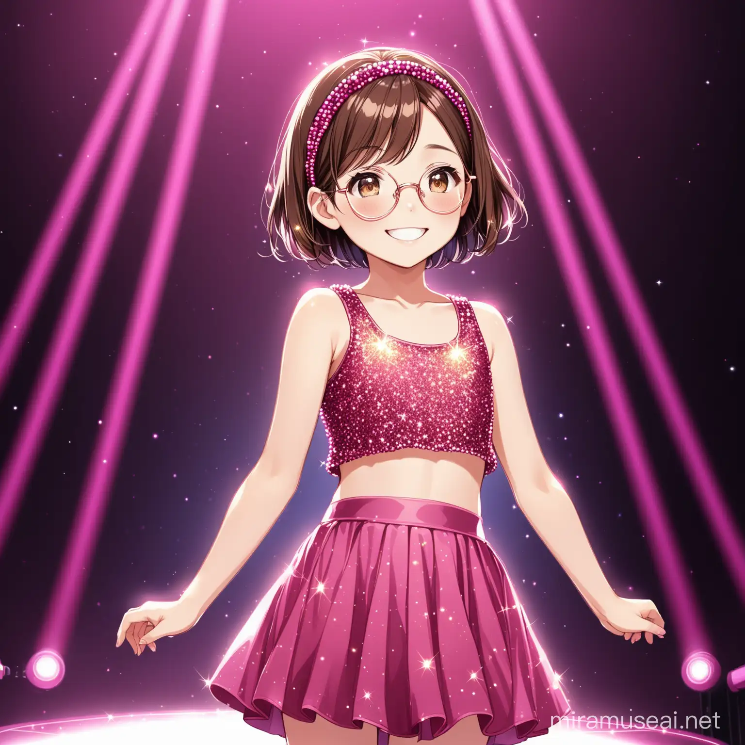12 year old girl, short brown hair, rose gold glasses, smiling, wearing a dark pink, head band, wearing a sparkly dark pink crop top with beads hanging down, sparkly dark pink skirt with beads hanging down, standing on a stage