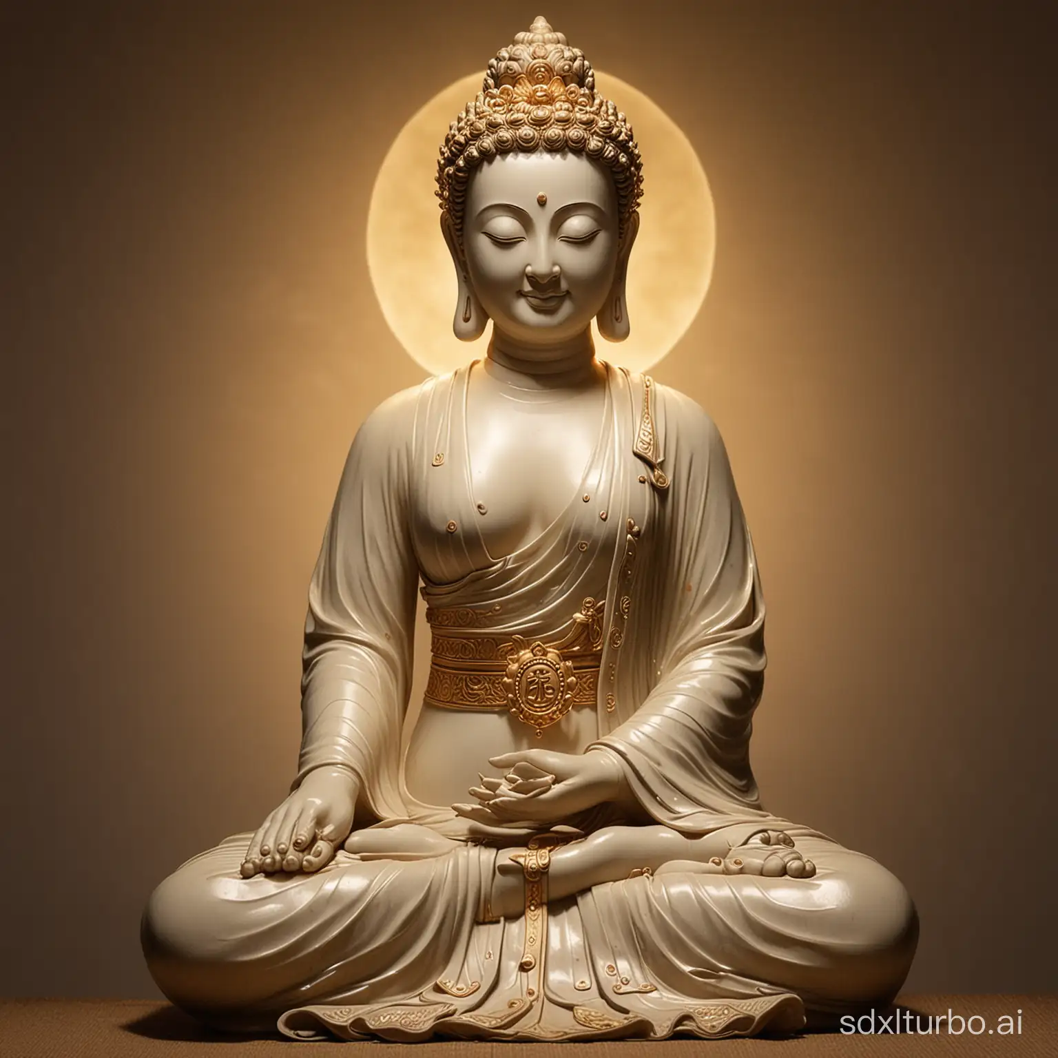 The real-life version of Guanyin Bodhisattva, with Buddha light behind her, sitting cross-legged, with a smiling face, beautiful.