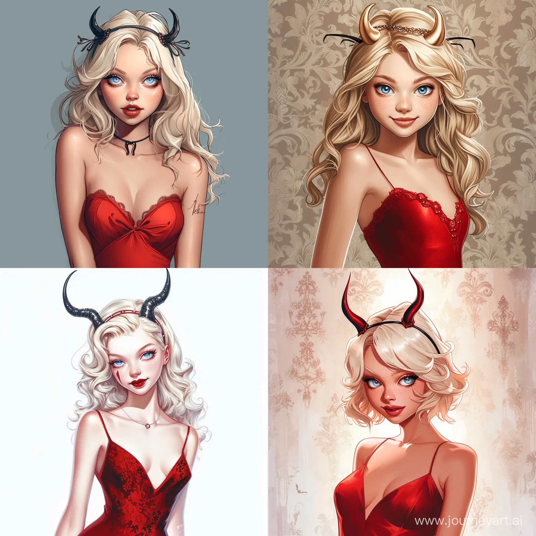 Beautiful girl, blonde hair, blue eyes, white skin, teenager, 15 years old, Halloween party, headband in the form of horns, red cocktail dress, high quality, high detail, cartoon art
