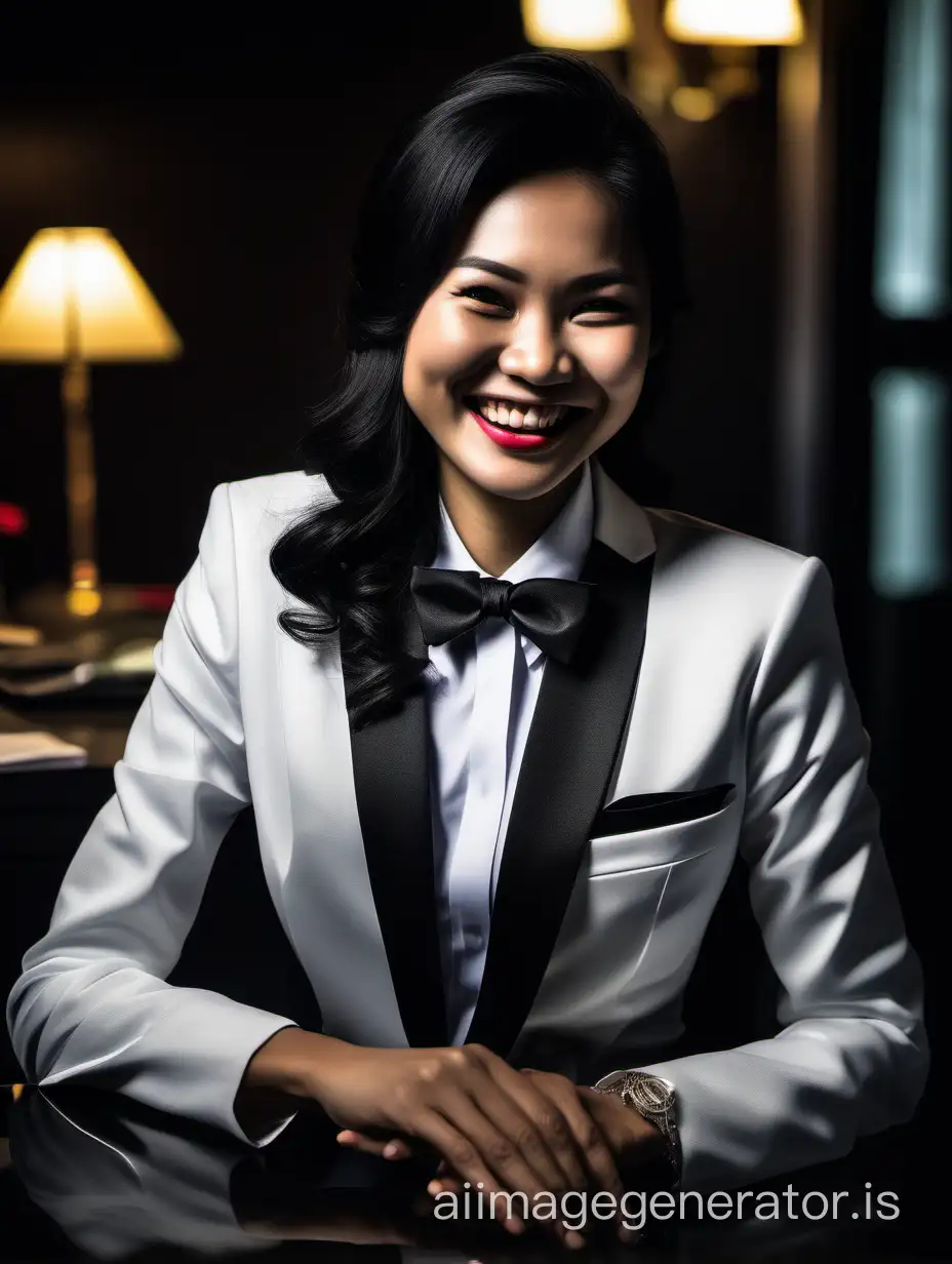 Beautiful smiing and laughing Vietnamese woman wearing a formal tuxedo with a white shirt and a black bowtie and black pants while sitting at a desk in a dark room.  Her jacket is open.  She has cufflinks.  She is wearing lipstick. she has long black hair. Her jacket has a corsage.  She is in a dark room.