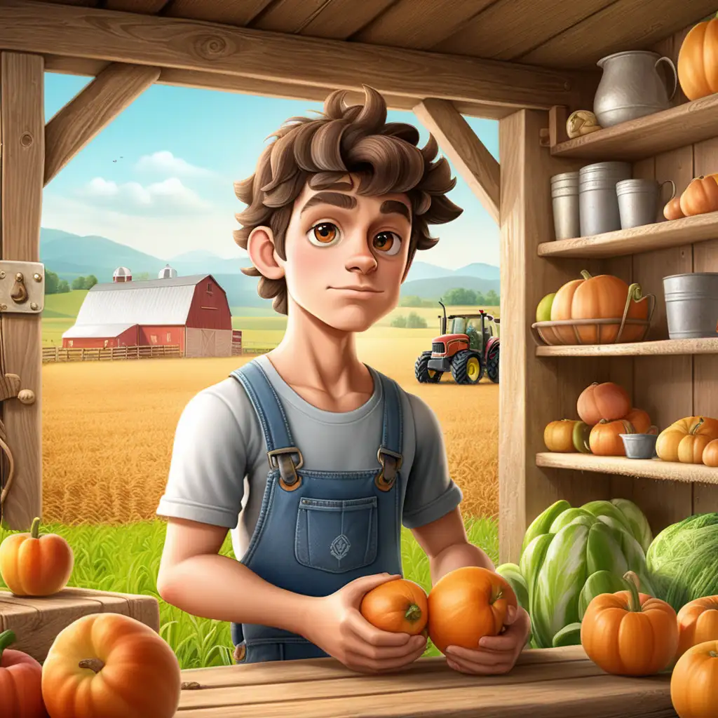 Create a 3D illustrator of an animated scene of a  17-year-old grandson is described as fit, strong, and able, working hard on a farm with a disappointed face. Beautiful and spirited background illustrations.