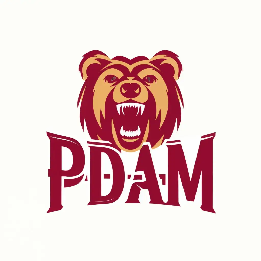 a logo design,with the text "PDAM", main symbol:red bear logo, red text,Moderate,clear background