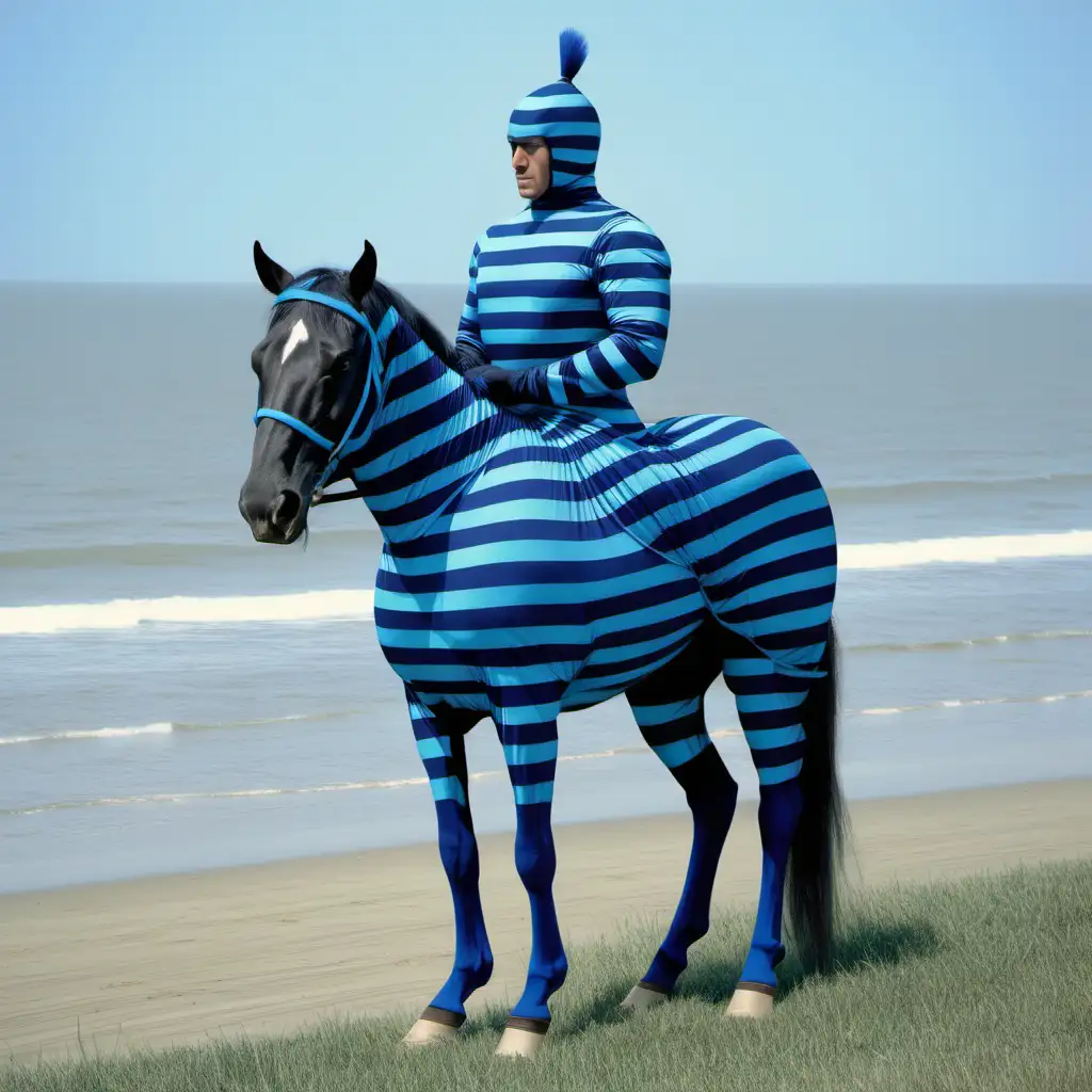 blue mantle horse human hybrid, navy blue pacific blue horizontal horizontal stripes striped costume, Delaware landscape, day