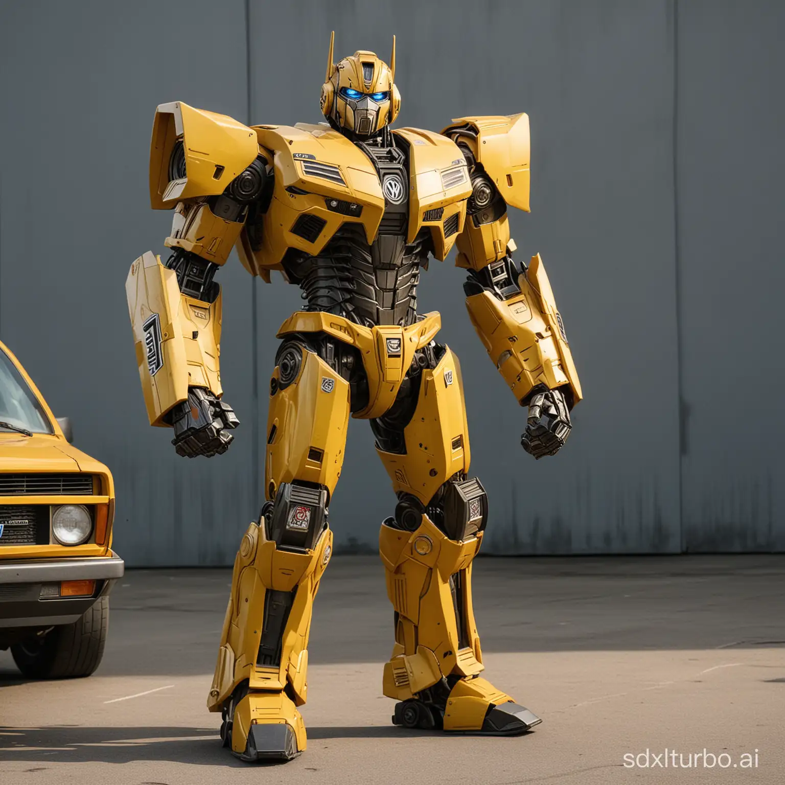 A tall Transformer, like the Autobots in the movie Transformers. He has a VW logo on his chest in front of a Volkswagen, which is very eye-catching, and a dark yellow paint color