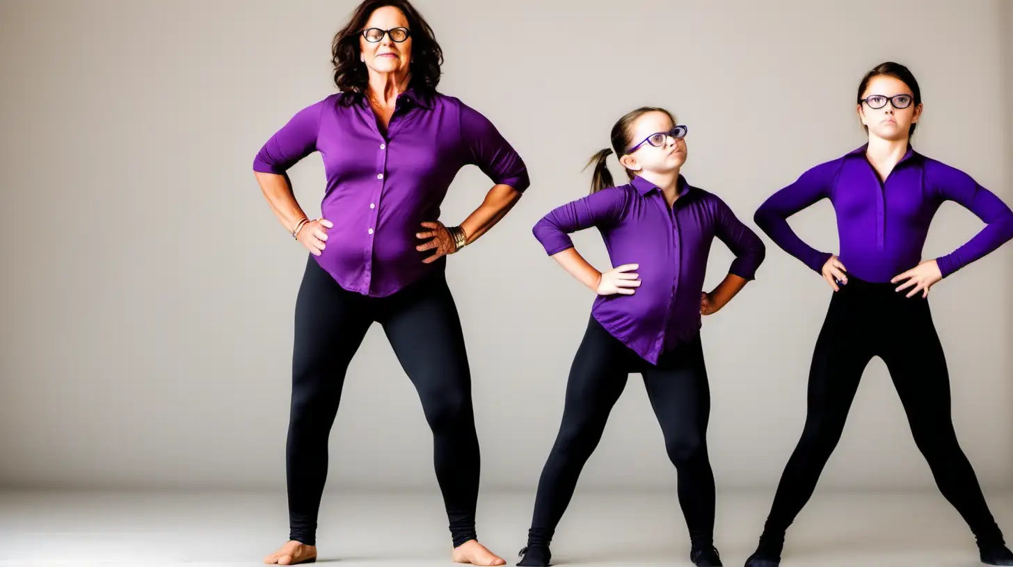 Mature Brunette Mom, glasses,  wearing an untucked purple stretched button down shirt, hands on hips, wearing tight black leggings. Squats to the floor dancing with her black leotard clad teen daughter.